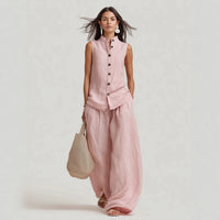 Stand-up Collar Sleeveless Shirt And High-waisted Wide-leg Pants Set