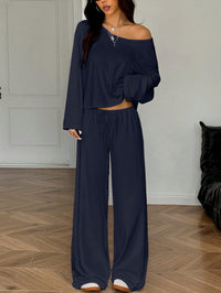 Womens Solid-Color Casual Off-the-Shoulder Long-Sleeve Pants