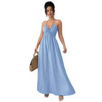 Blue Halter Neck Open Back Waist-cinching Slimming Beach Vacation Maxi Dress