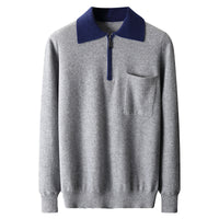 Foreign Trade Men's Autumn And Winter Contrast Color Wool Knitted Half-open Polo Long-sleeved Fleece Sweater