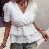 Fresh And Sweet Style Waist-Cinched V-Neck Short-Sleeve White Jacquard Shirt For Women