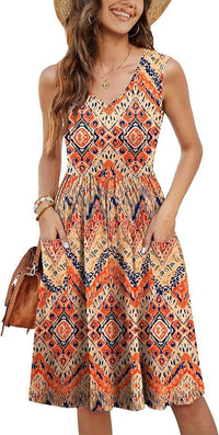 Casual Womens Holiday Floral V-Neck Pocket Dress