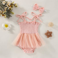 Summer Sling Pure Color Mesh One-piece Romper Bow Headdress Two-piece Set