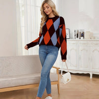Comfortable And Warm Diamond Pattern Color Block Round Neck Long Sleeve