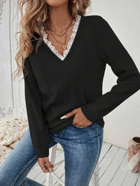 Knitted Lace V-neck Leisure Pullover Long Sleeve