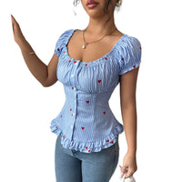 Elegant Figure-flattering Shirt With A Waist-cinching Design Floral Print And Puff Sleeves