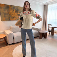 Retro Striped Floral Top French Vacation-Style Loose Shirt