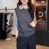 High-grade Fake Two-piece Striped Shirt Stitching Sweater For Women