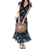 Resort Style V Neck Ruffled Sleeve Patchwork Maxi Dress