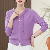 Lapel Knitted Cardigan Coat Ladies Hooded Loose Sweater