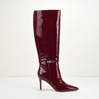 Stiletto-heeled Leather Belt-buckle Zip Thigh-high Boots For Women