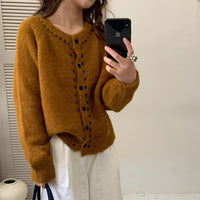 New Retro Soft Glutinous Handmade Stitching Round Neck Sweater Coat For Women