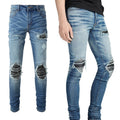 Patched Leather Pleats And Patchwork For Old Washed Light Colored Jeans For Men