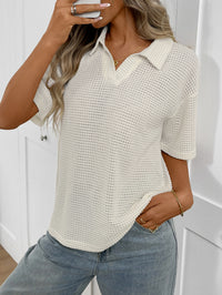 Women's Solid-Colored Knitted Pullover T-Shirt With Lapel Collar Loose-Fit Short Sleeves