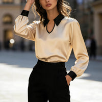Women's Spring And Autumn Fashion Contrasting Color Collar With Mouth Top Long Sleeve Collar Satin Commuting Shirt Top