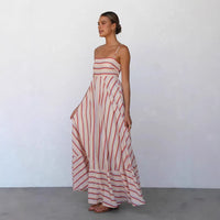 New Striped Printed High-Waisted Flared Resort Sundress With Straps