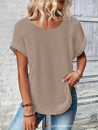 Womens Simple Versatile Lace-Patchwork Crew-Neck Short-Sleeve Top