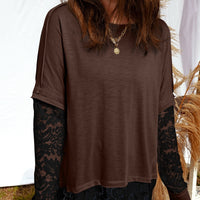 Light French Beige Sheer Lace Patchwork Casual Long-Sleeve T-Shirt