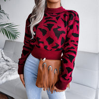 Women Casual Leopard Print Cinched Knit Cropped Sweater
