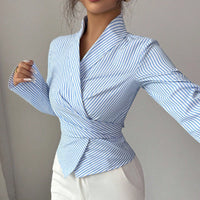 Striped Long-Sleeve Elegant Strap Women's Blouse