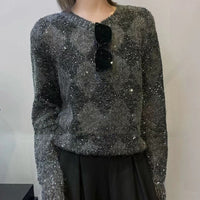 Bead Yarn Rhombus Jacquard Crew Neck Pullover Sweater
