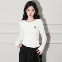 Regular Shoulder Round Neck Pleated Embroidery Long Sleeve Base Shirt