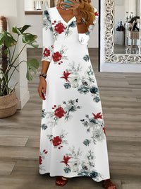 V-neck Long-sleeve Bohemian Peacock-print Floral Maxi Dress