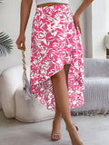 Women's Floral Print Ruffle Hem Midi Asymmetric Skirt