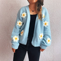 Casual Knitted V-neck Stitching Flower Cardigan Sweater
