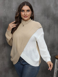 Contrast-color Patchwork Crossover Woven Sweater Mock-neck Pullover