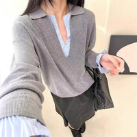 Temperament Pure Color Striped Stitching Korean Loose Casual Sweater