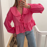 Cross Border Stringy Selvedge Lace-up Doll Collar Shirt Lantern Sleeve Sweet All-matching Top