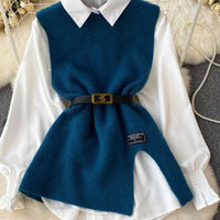 Slit Knitted Vest Shirt Western Style Youthful-looking Two-piece Set