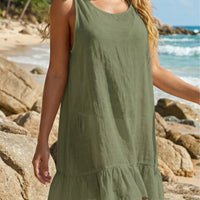 Womens Solid-Colored Ruffle-Trimmed Patchwork Lace-Up Dress