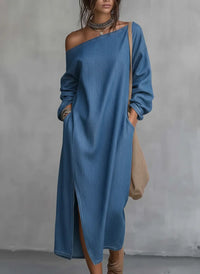 Fashionable Off-the-shoulder Slit Straight-leg, Loose-fitting Long Dress