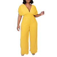 Women's V-neck Solid Color Pleated Jumpsuit