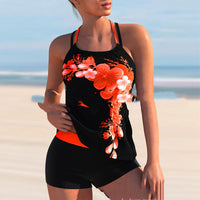 Printed Split Solid Color Women's Boxer Swimwear