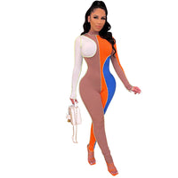 Sexy Threaded Color Block Long Sleeve Slim Jumpsuit