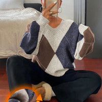 Retro Hit Color Diamond Lattice V-neck Sweater Women's Korean Style Idle Style