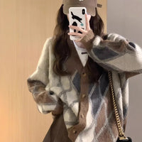 Diamond Plaid V-neck Knitted Cardigan Coat For Women