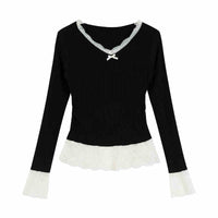 Fake Two Pieces V-neck Stitching Lace Lace Knitwear
