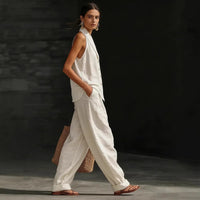Wide-leg Pants Suit Womens Cotton-linen Fashionable Two-piece Set