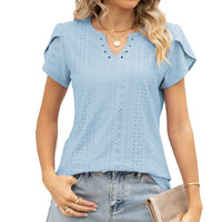 V-neck Buttons Hollow Loose Short Sleeve T-shirt Top Ladies