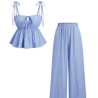 Women's Blue Vertical Striped Wide Leg Pants