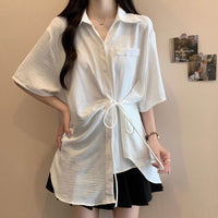 Slim-fit Trendy Mid-length Irregular Tie-waist Short-sleeve Shirt