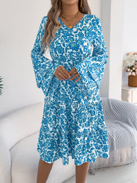 Women's Vintage Bell Sleeve Ruffle Trim Tie Waist A-Line Dress