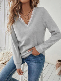 Knitted Lace V-neck Leisure Pullover Long Sleeve