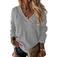 Solid-color Womens V-neck Long-sleeve Pullover Knit Top