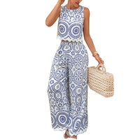 Sleeveless Casual Pants Printed Two Piece Set