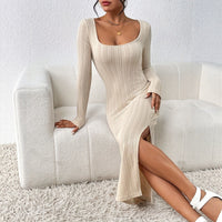 Threaded New Style Square Neckline Defined Waist Slit Long Sleeve Dress For Women